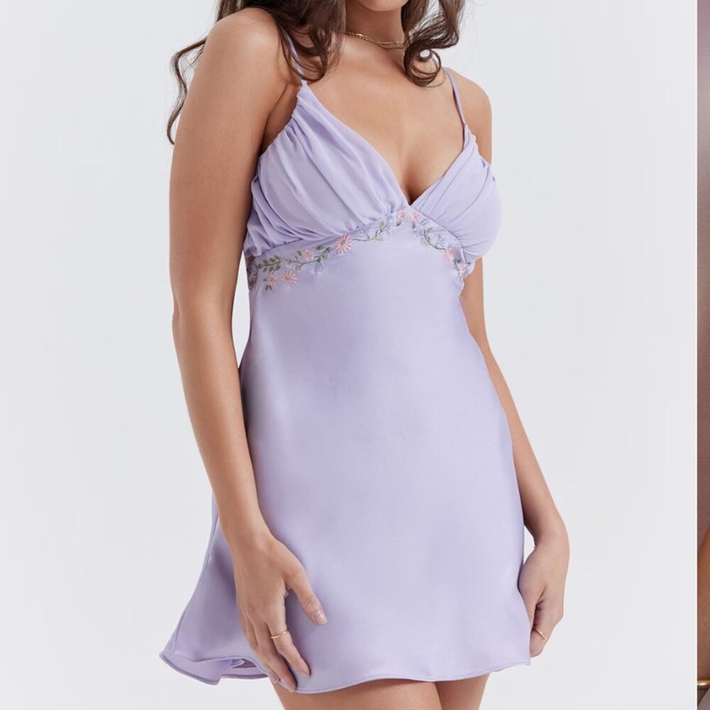 New With Tags, House of CB Christa Embroidered Lavender Mini Dress